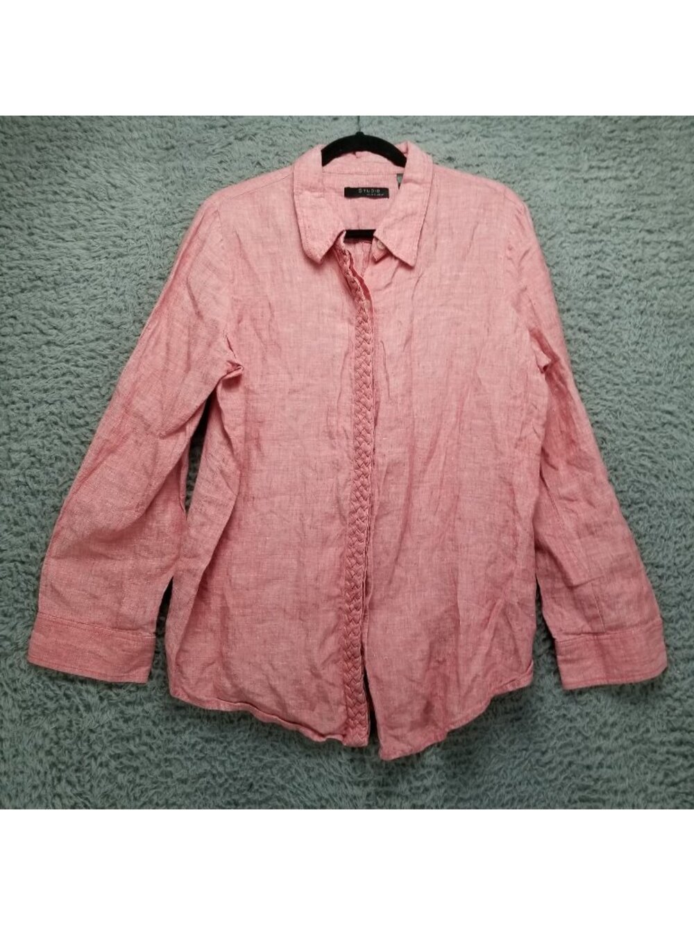 Studio Shirt Womens XL Liz Claiborne Red 100% Linen Button Up Roll Tab